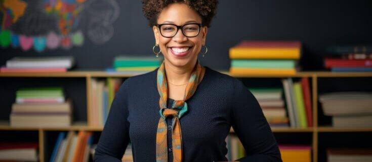 Smiling teacher looking at camera. The teacher is a Black woman wearing glasses and a thin scarf.