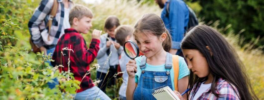 Elementary school class explores outside in a forested area. The focus is on a young girl in a blue shirt and overalls who holds a magnifying glass up to her eye in front of a plant.
